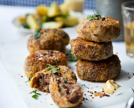 Beef Rissoles with Warm Potato and Spinach Salad