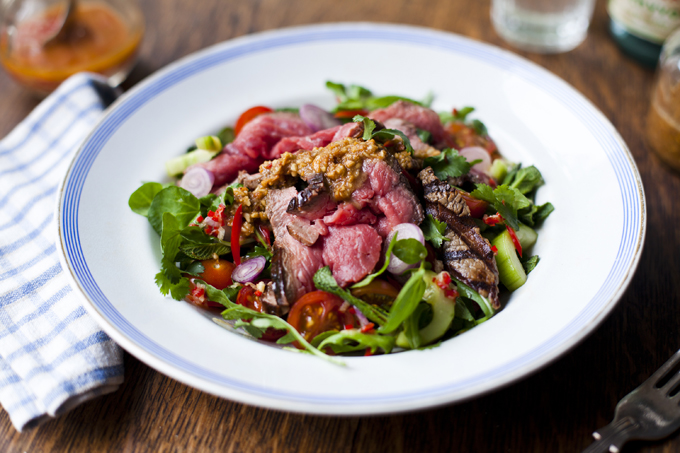 Roast beef salad with ginger sesame dressing and peanut sauce