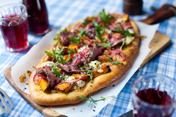 Rare Beef and Blue Cheese Flatbread with Roasted Butternut Squash and Sweet Pickled Onions