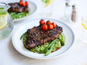 Pepper Steaks with Summer Puree and Roasted Baby Tomatoes