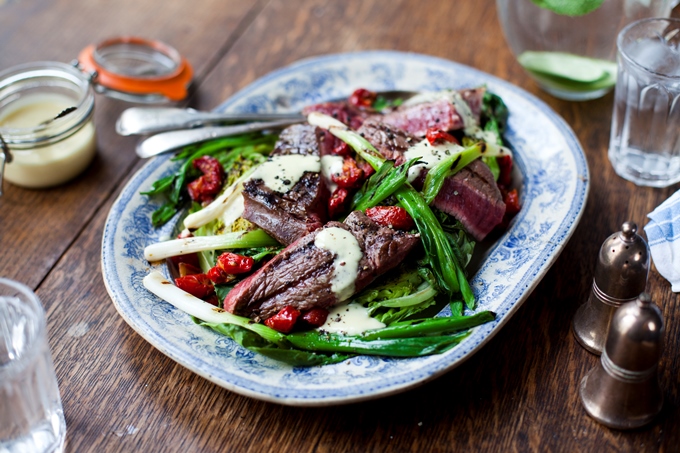 Warm Hanger Steak Salad with Griddled Little Gem & Spring Onions