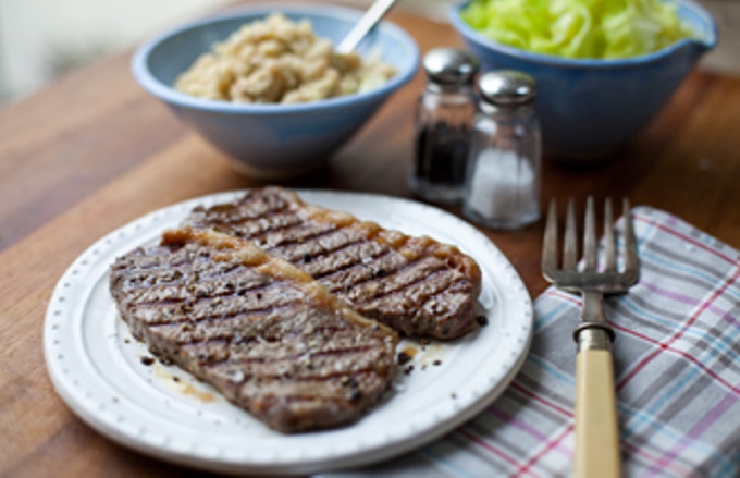 Steaks with White Bean Purée and Sautéed Savoy Cabbage